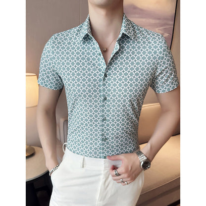 Mens Slim Fit Printed Business Short Sleeve Shirt