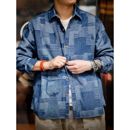 Men's Vintage Plaid Patchwork Denim Shirt