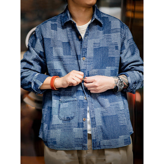 Men's Vintage Plaid Patchwork Denim Shirt