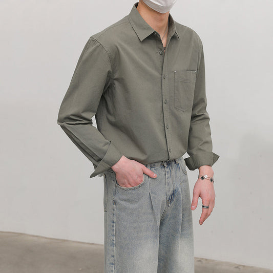 Solid Color Pointed Collar Casual Cotton Shirt