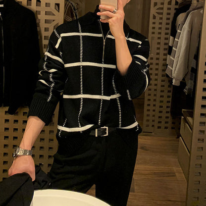 Men's Retro Lapel Plaid Loose Casual Sweater