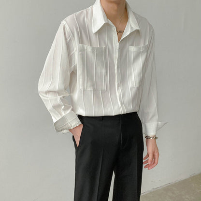 Men's Lapel Solid Color Casual Long Sleeve Shirt