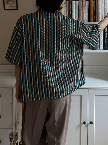 Striped Loose Casual Cuban Collar Shirt