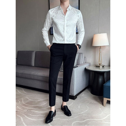 Mens Business Slim Fit Printed Long Sleeve Shirt