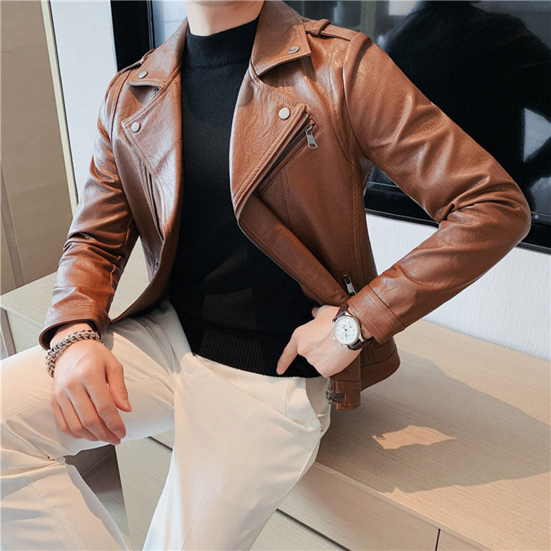 Men's Diagonal Zipper Slim Fit Short Suit Collar Leather Jacket