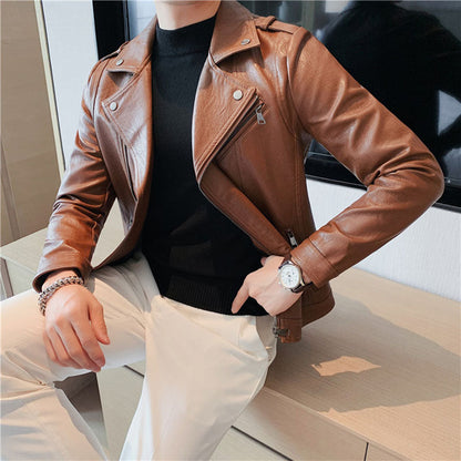 Men's Diagonal Zipper Slim Fit Short Suit Collar Leather Jacket